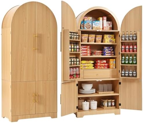Merax 72" Tall Arched Cabinet Kitchen Pantry with 4 Doors, Fluted Storage Cabinets with 3 Adjustable Shelves & 1 Hidden Drawer & 8 Door Shelves, Versatile Cupboard for Kitchen, Dining Room, Natural