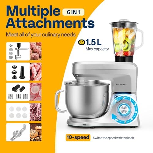 VIVOHOME 6-in-1 Stand Mixer, 8.5-Quart Tilt-Head Mixer, 10 Speeds, Silver