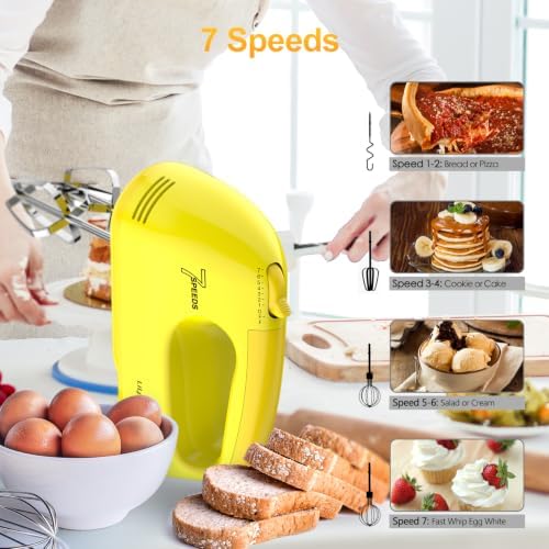 LILPARTNER Electric Hand Mixer with Storage Box, Ultra Power Kitchen Hand Mixer With 7-Speed & 5 Stainless Steel Accessories for Whipping Dough, Cream, Cake, Dishwasher Safe, LIGHT YELLOW BOX