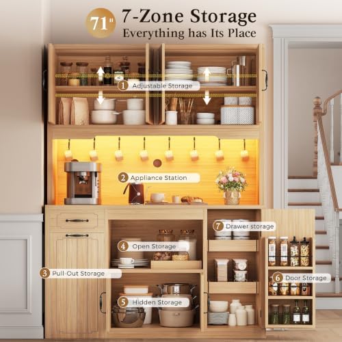 Fluted Kitchen Pantry Cabinet with Charging Station & LED Light, 47" Wide Kitchen Pantry Storage Cabinet with Countertop, Microwave & Appliance Storage, Food Pantry Cabinet for Dining Room ,Natural