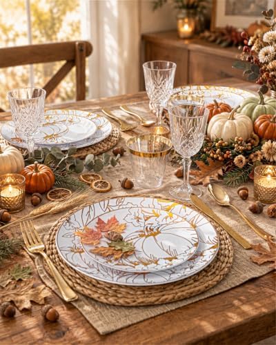 PULOTE 150PCS Thanksgiving Plastic Plates - Fall Gold Pumpkin for Autumn