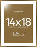 Homeforia 14x18 Picture Frame Bronze, High End Metal 14x18 Brass Poster Frames with Mat 12x16 Photo, 14 x 18 Frame Matted to 12 by 16 inch Print, 18by14 Thin Frames, Tempered Glass, Wall Kit, Set of 1