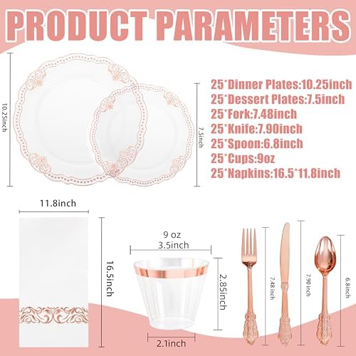 Ciaell 175 Piece Rose Gold Plastic Plates for Weddings Parties