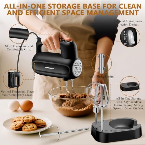 BAIGELONG Hand Electric Mixer, 5-Speed KitchenMixer with 5 * 304 Stainless Steel Attachments + Storage Base, 200W Portable Food Handheld Mixer for Baking, Whipping Cream, Cake Mixing, Gray/Black