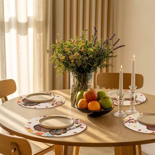Fall Round Placemats Set of 2 Thanksgiving Harvest Pumpkin Turkey Place Mats Washable Woven Placemat Orange Maple Leaves Circle Braided Table Mat for Kitchen Dining Holiday Party Fall Decor 15 Inch