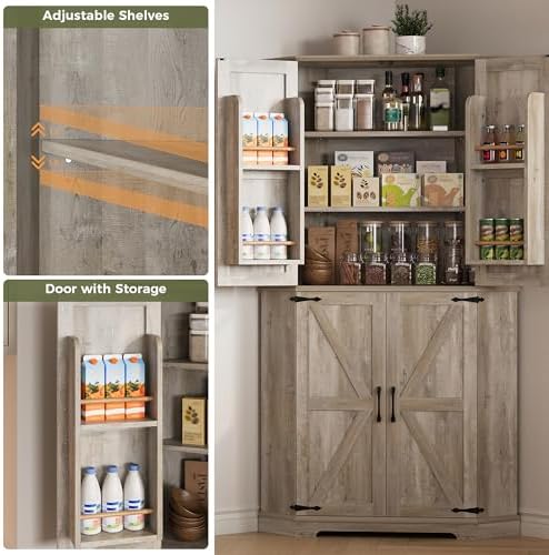 IRONCK Corner Cabinet, 72" Farmhouse Pantry Cabinet, Rustic Maple