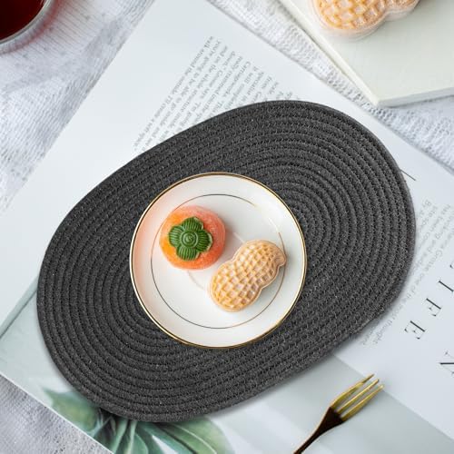 Oval Woven Placemats Set of 8 Heat Resistant Placemats 17.5 x 12 Inches Farmhouse Cotton Rope Place Mats for Dining Tables Trivets for Hot Dishes, Grey Set