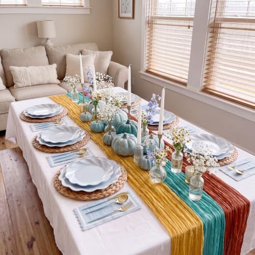 6 Pcs Fall Terracotta and Teal Cheesecloth Table Runner 118"