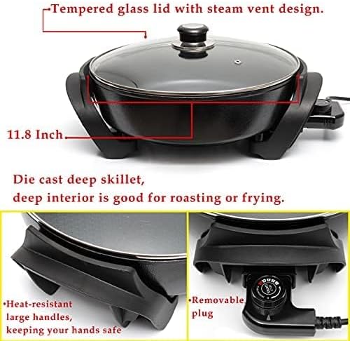 Moss & Stone Round Electric Skillet with Lid – 12x12 Inch Aluminum Nonstick Electric Frying Pan 5Qt, Adjustable Temperature Control, Vented Glass Lid, Dishwasher Safe, Heat-Resistant Handles