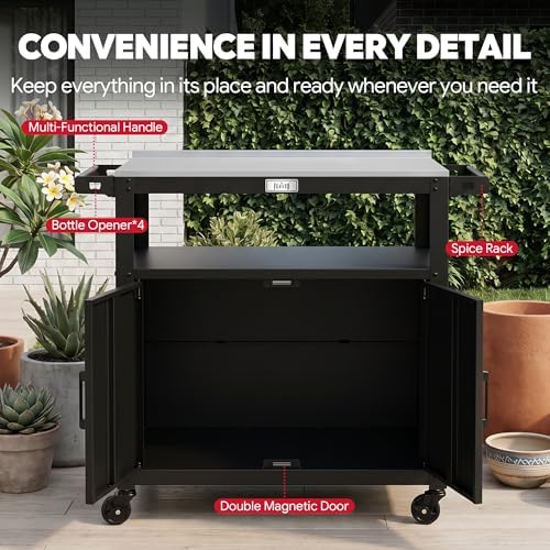 Feasto Outdoor Grill Cart w/Storage Cabinet, Stainless Steel Top, Black