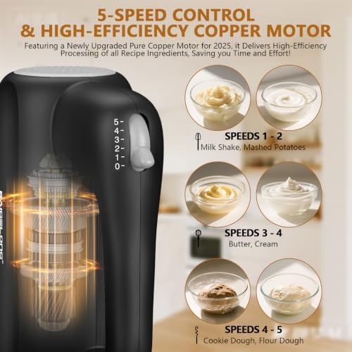 BAIGELONG Hand Electric Mixer, 5-Speed KitchenMixer with 5 * 304 Stainless Steel Attachments + Storage Base, 200W Portable Food Handheld Mixer for Baking, Whipping Cream, Cake Mixing, Gray/Black