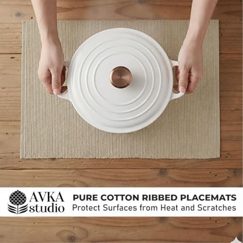 100% Cotton Ribbed Placemats - Set of 4-13 x 19 Inches - Beige - Everyday Cloth Table Mats - Thick Construction, Washable & Reusable Cloth Place Mats - by AVKA Studio