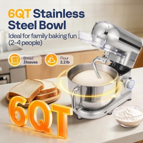 VIVOHOME 3-in-1 Stand Mixer, 6-Quart Tilt-Head Mixer, 10 Speeds, Silver