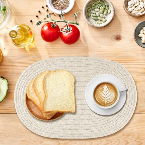 Oval Woven Placemats Set of 8 Heat Resistant Placemats 17.5 x 12 Inches Farmhouse Cotton Rope Place Mats for Dining Tables Trivets for Hot Dishes, Beige