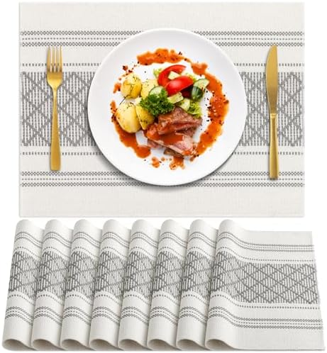 ADRIMER Placemats Set of 8, Boho Table Mats Cotton Blend, Durable Cloth Table Placemats Machine Washable, Rustic Place Mats for Dining Kitchen Table, 14 x 18 Inch, Grey