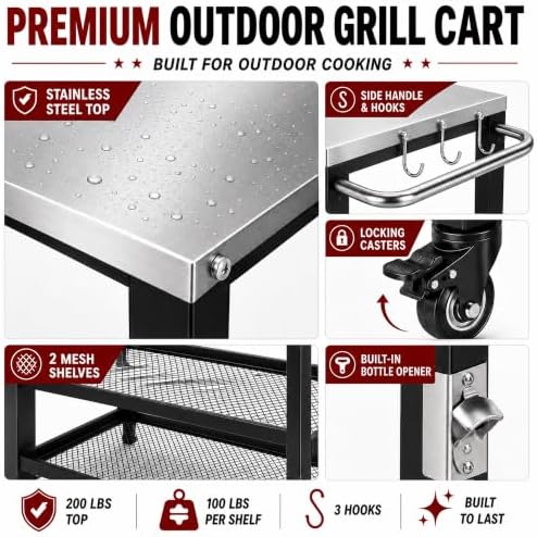 Grill Table with Stainless Steel Top, 28.54 x 16.14 in