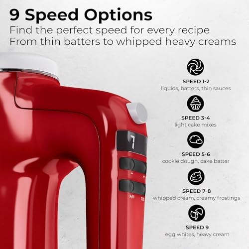 Electric Hand Mixer 350W, 9 Speed Handheld Mixer with Timer, Beaters, Whisks & Dough Hooks, Storage Case, Kitchen Mixer for Baking, Eggs, Cream, Cookie Dough & Frosting, Red