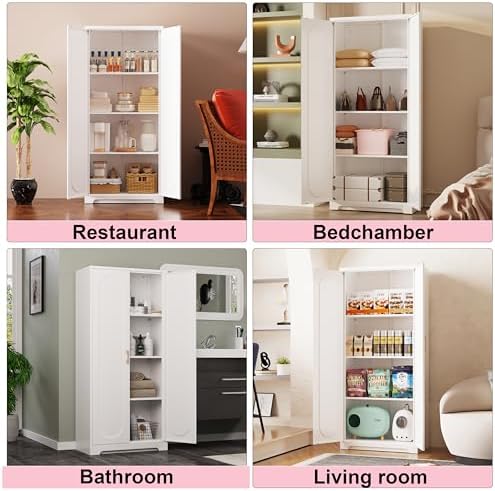 UNICOLY 60" Kitchen Pantry Cabinet, Metal Storage Cabinet with Doors and Adjustable Shelves, Tall Steel Cabinets for Kitchen, Living Room, Dining Room, Assembly Required, White