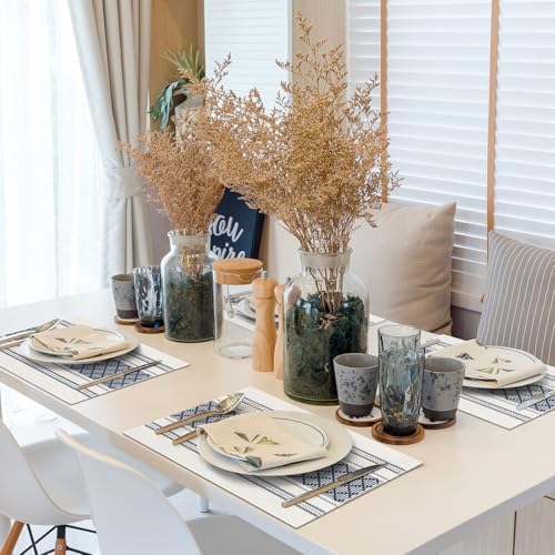 ADRIMER Placemats Set of 8, Boho Table Mats Cotton Blend, Durable Cloth Table Placemats Machine Washable, Rustic Place Mats for Dining Kitchen Table, 14 x 18 Inch, Blue
