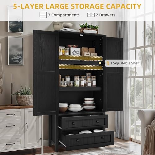 YITAHOME 64.5" Farmhouse Pantry Cabinet with 2 Drawers & Shelves, Oak Black