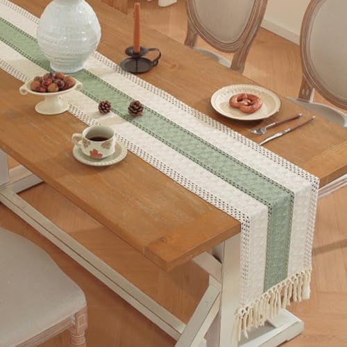Niviy Sage Green Table Runner 36 Inches Long with Tassels, Seasonal Spring Summer Washable Embroidered Striped Braided Green and Beige Boho Table Runners for Holiday Party 12 x 36 Inches