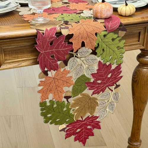Fall Table Runner 120inches Long, Thanksgiving Harvest Cutwork Embroidered Table Runner 13in x 120in, Autumn Maple Leaves Table Decoration for Home Dining Kitchen Table