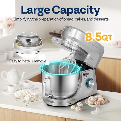 VIVOHOME 6-in-1 Stand Mixer, 8.5-Quart Tilt-Head Mixer, 10 Speeds, Silver