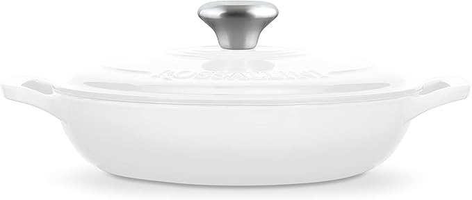 Signature Enameled Cast Iron Braiser, Non-Stick Serving Pot with Tight Fitting Lid for Perfect Roasting, Baking, Sauteing, Searing, and Pan Frying | 5Q (4.7L) - White