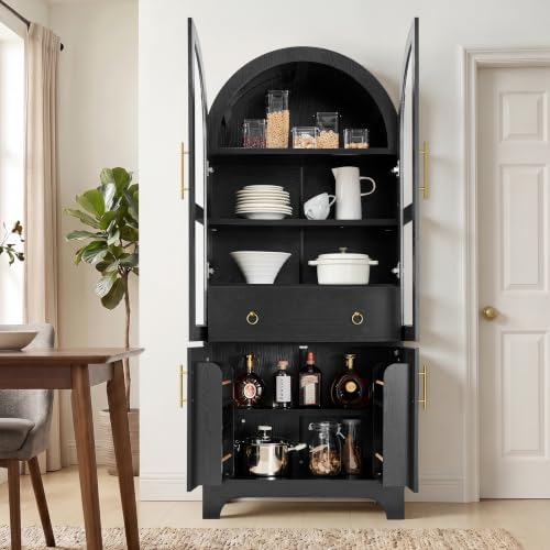 KEIKI 77" Arched Kitchen Pantry Cabinet with Glass Doors, Black