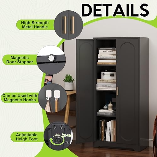 UNICOLY 60" Kitchen Pantry Cabinet, Metal Storage Cabinet with Doors and Adjustable Shelves, Tall Steel Cabinets for Kitchen, Living Room, Dining Room, Assembly Required, Black
