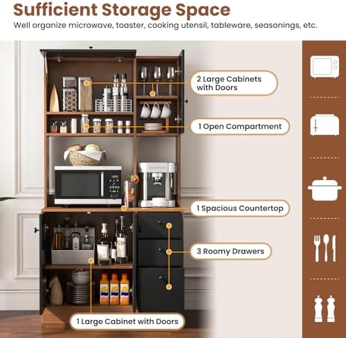 LOKO 71” Tall Kitchen Pantry Storage Cabinet with 3 Drawer, Walnut & Black
