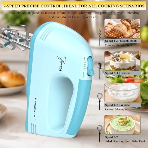 BAIGELONG Hand Mixer. 7-Speed Adjustable Kitchen Electric Mixer. With 5 Stainless Steel Attachments: 2 Hooks, 2 Beaters, 1 Whisk. Comes 1 Storage Box. Perfect for Bakers and New Starters, Blue