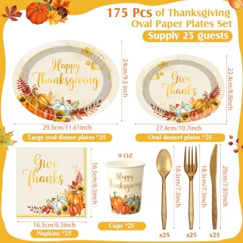 Pajean 175 Pcs Thanksgiving Fall Oval Paper Plates Gold Pumpkin Disposable