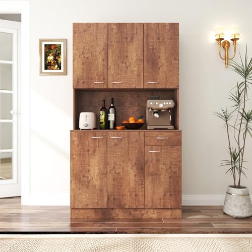 Ball & Cast 71" Pantry Cabinet,Tall Kitchen Pantry Storage Cabinet with Microwave Stand, Modern Kitchen Hutch Cabinet with 6 Doors,1 Drawer & Open Shelves for Living Room,Dining Room,Walnut