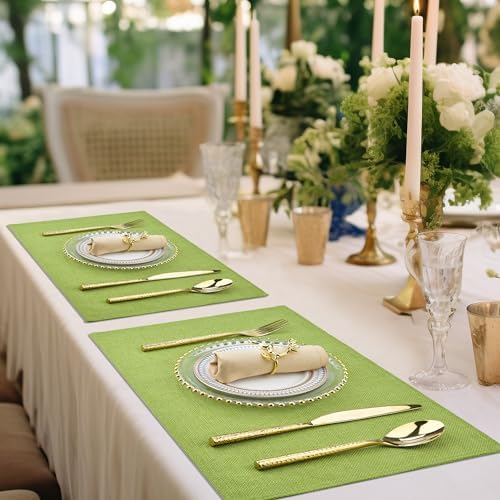 SLKQG Green Faux Linen Placemats Set of 6, Heat Resistant Washable Double Layer Cloth Place Mats for Dining Table, Wrinkle Resistant Linen Textured Farmhouse Kitchen Decor (6, Green)
