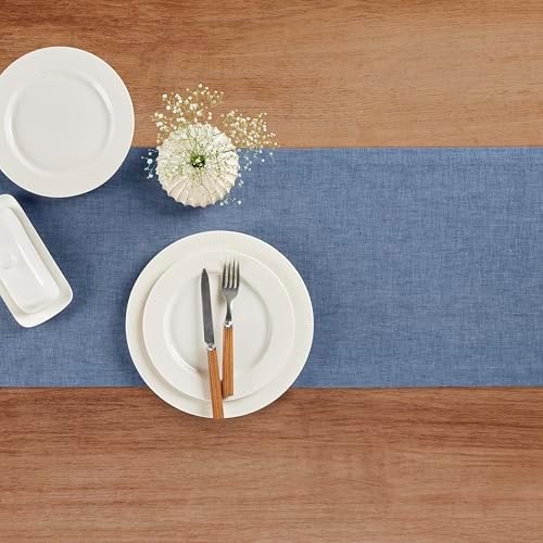 Solino Home 100% Pure Linen Table Runner Blue Denim, Athena 14 x 132 in