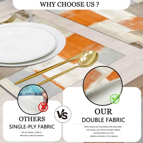 Mcalk Farmhouse Orange Table Runner and Placemats Set of 6 Pieces, Brown Placemats Modern Art,Grey Abstract Art Cloth Place Mats Indoor for Kitchen,Linen Material for Dining Table