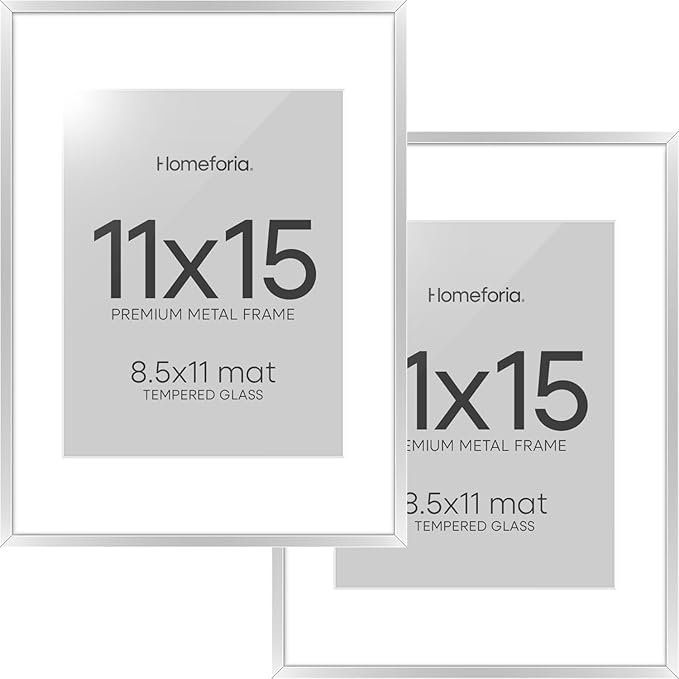 Homeforia 11x15 Picture Frame Silver, High End Metal 11x15 Frames with Mat 8.5x11, 11 x 15 Silver Poster Frames Matted to 8.5 x 11 inch Photo, 11by15 Hanging Frames, Tempered Glass, Wall Kit, Set of 2