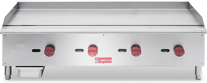 WESTLAKE 48"W Commercial Gas Griddle Countertop Natural Gas and Propane Griddle with 4 Burners 120000 BTU, Stainless Steel Plate Grill for Restaurants