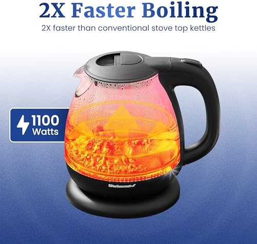 Elite Gourmet EKT1001 1.0L Glass Kettle, 1100W, Cordless Base, Black - Image 2