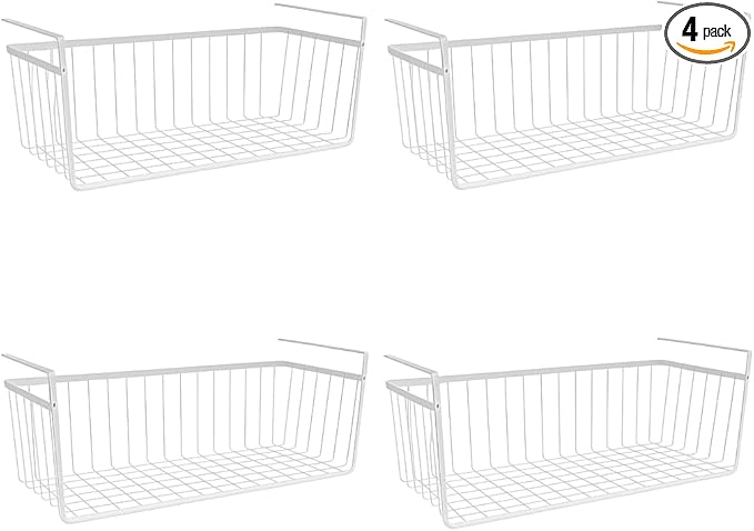 Modern Home Under Shelf Wire Storage Baskets – Hanging Organizer Rack for Cabinet, Pantry, or Closet – White Metal Basket for Kitchen, Towels, or Office – No Tools Required (Set of 4 19")