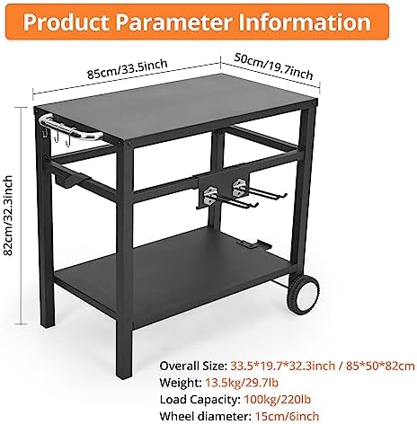 Outdoor Grill Cart - Portable Barbecue Table with Rolling Wheels, Hooks, Double Shelves, Removable Steel Flat Top Work Surface, Side Handles, Multifunctional Commercial Design