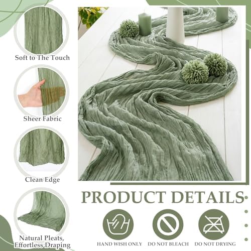 8 Pcs Sage Green and Brown Cheesecloth Table Runner 118"