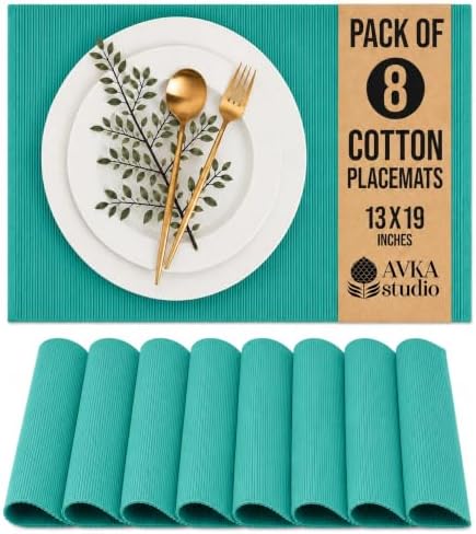 100% Cotton Ribbed Placemats - Set of 8-13 x 19 Inches - Turquoise Blue - Everyday Cloth Table Mats - Thick Construction, Washable Reusable Cloth Place Mats - by AVKA Studio