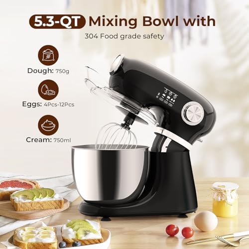 Electactic 5.3 Quart Electric Stand Mixer With 12 Speed, Low Noise, Black