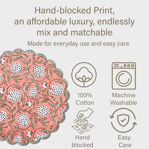 Ridhi Floral Block Print Round Placemats 15 in, Set of 4, Dark Salmon Pink