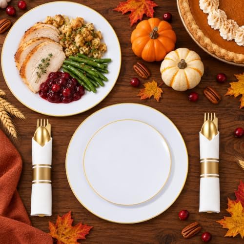 KIRE 175PCS Gold Plates Disposable - Heavy Duty White and Gold Plastic Plates Dinnerware Sets - 25 for Dinner 25 for Dessert 25 Pre Rolled Napkins and 25 Cups for Wedding/Party/Halloween/Thanksgiving