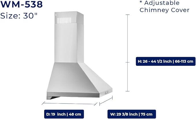 Hauslane Range Hood Wall Mount 30" Ducted or Ductless Kitchen Vent Hood Stainless Steel Stove Hood - 3 Speed, Touch Control, LED Lamps, Baffle Filters, Auto Shut-off, WM538 Matte Black