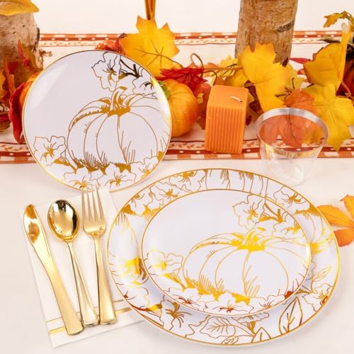 Liacere 175PCS Thanksgiving Plates- Gold Pumpkin Plastic Plates-Thanksgiving Plastic Plates and Napkins Sets Include 50 Plastic Plates,75 Thanksgiving Dinnerware，25 Gold Cups 25 Napkin for Fall Plates