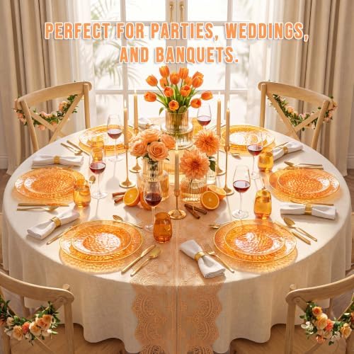 Rubtlamp 100Pcs Orange Plastic Plates, Orange Disposable Plates With Gold Rim, Hammered Plastic Plates Include 50 Dessert Platos, 50 Dinner Platos for Thanksgiving Party